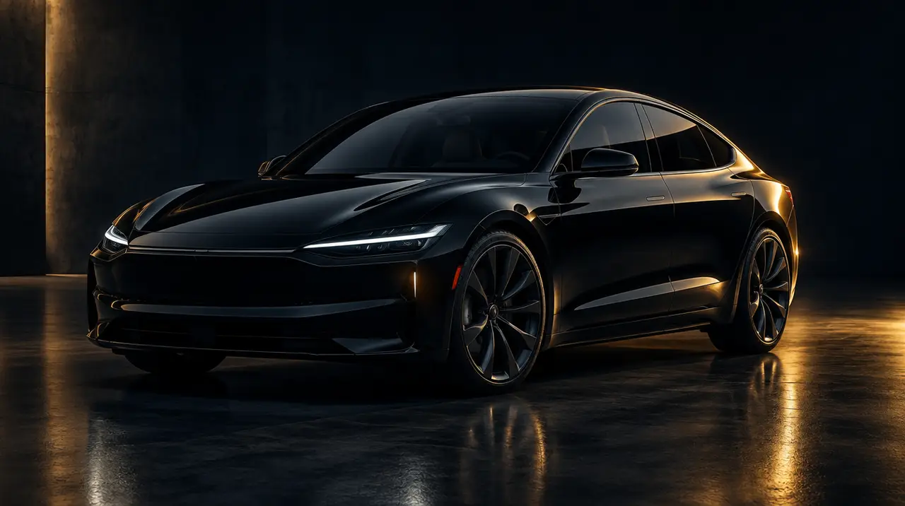 Black electric business car in a dark studio